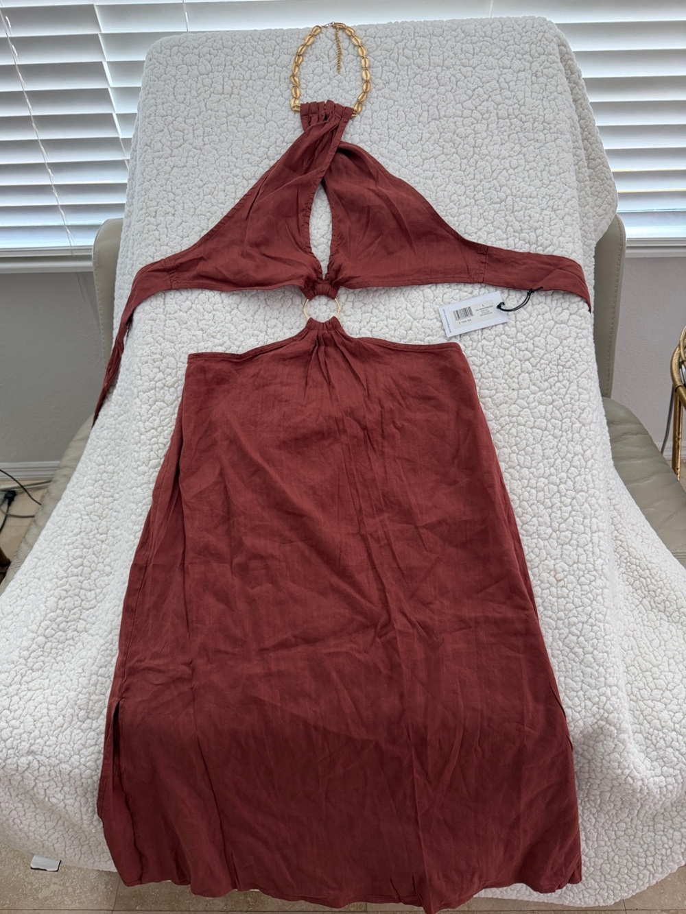 WeWoreWhat Brown Linen Halter Cutout Maxi Dress w/ Gold Ring & Halter Necklace